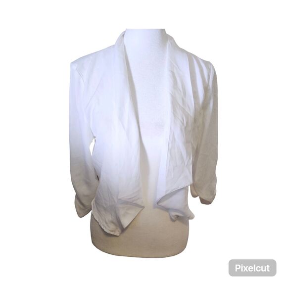 NWT Allegra K Size Small 3/4 Ruched Sleeve Open Front White Shrug - Picture 2 of 11